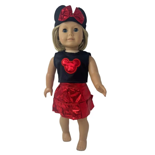 Mouse Ear Top and Red Pleated Skirt Outfit for 18 Inch Girl Dolls