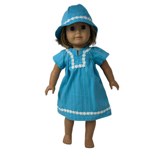 Blue Striped Dress and Hat Set for 18 Inch Girl Dolls