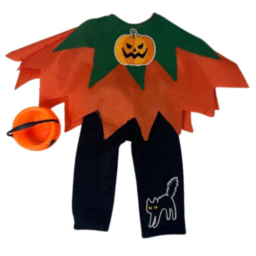 Halloween Pumpkin Cape Outfit for 18 Inch Dolls with Black Cat Pants & Trick-or-Treat Bucket