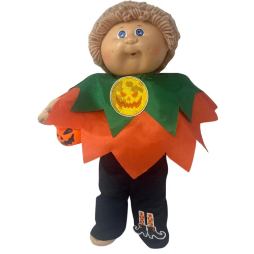 Halloween Costume for 14-15 Inch Cabbage Patch Kid Dolls – Orange Cape Outfit with Pumpkin Bucket