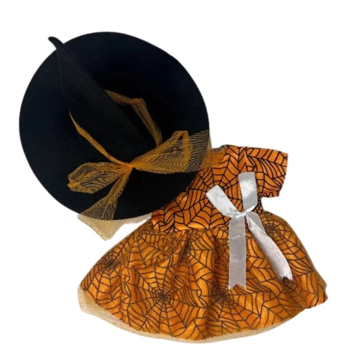 Orange Spider Web Halloween Dress with Witch Hat for 18 Inch Dolls