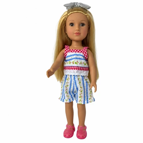 Front view Blonde 14.5-inch girl doll wearing a colorful summer shorts outfit featuring a sleeveless rosebud-print top with red gingham trim, blue stripes, white eyelet lace, and matching floral shorts. Doll wears a silver hair bow and pink shoes in a cheerful summer garden with pink flowers. Pinterest pin includes a close-up of the two-piece outfit. Handmade doll clothes from Doll Clothes Superstore.