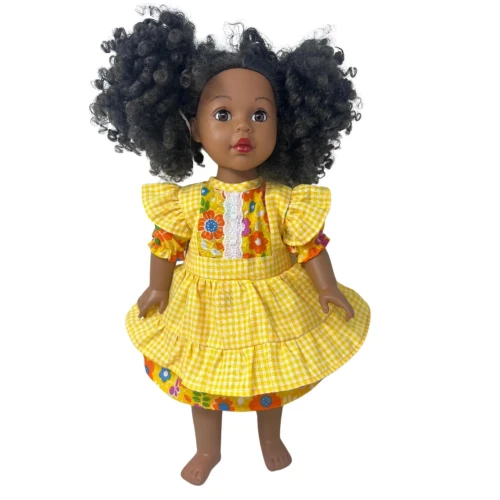Bright Yellow Floral Gingham Dress for 18 Inch Girl Dolls