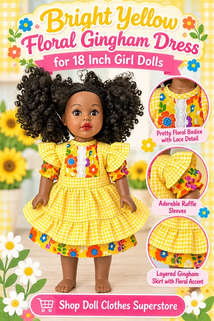 Bright Yellow Floral Gingham Dress for 18 Inch Girl Dolls
