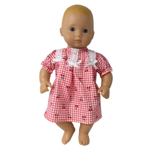 Cherry Print Dress or Nightgown for 15 Inch Baby Dolls – Pink Check Doll Clothes