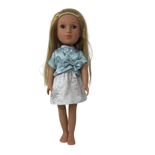 Light Blue Glitter Blouse & Gray Skirt Outfit for Wellie Wisher & 14.5 Inch Girl Dolls
