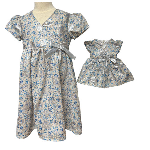 Matching Girl Size 5 and 18 Inch Doll Dresses – Blue Floral Dress Set with Silver Accents