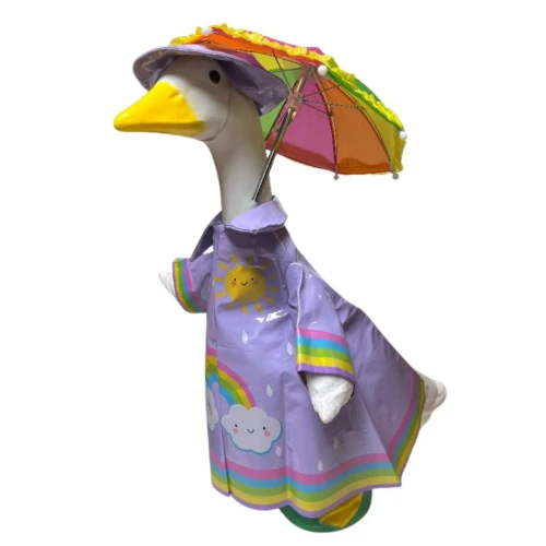 Lavender Rubberized Raincoat & Hat Set with Rainbow Trim for 23" Porch Goose Statue – Includes Umbrella