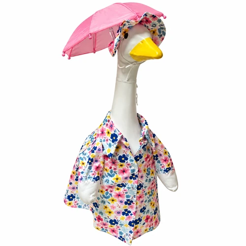 Full view Handmade floral raincoat outfit for a 23-inch porch goose statue, featuring a colorful pink, blue, and yellow flower print, matching floral sun hat with chin ties, and bright pink umbrella. Cheerful spring and rainy-day porch goose decoration from Doll Clothes Superstore.