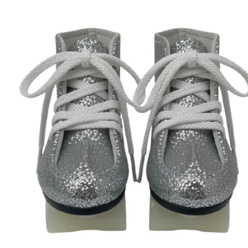 Metallic Silver Glitter Roller Skates for 18 Inch Girl Dolls – White Wheels & Laces