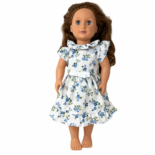 Handmade Blue Floral Dress for 18 Inch Girl Dolls – Ruffle Collar & Angel Sleeves