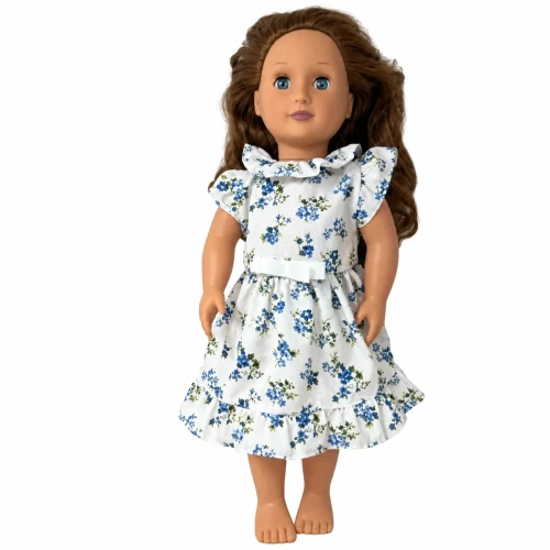 Handmade Blue Floral Dress for 18 Inch Girl Dolls – Ruffle Collar & Angel Sleeves