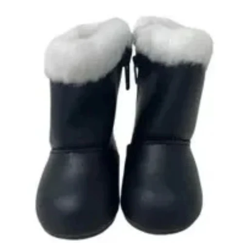 Black Faux Leather Winter Boots with White Fur Trim for 18-Inch Girl Dolls