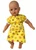 Handmade yellow butterfly and flower print two-piece outfit modeled on a baby doll, featuring a short-sleeve tie-neck top and matching skirt