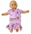 Dress on baby doll Matching girl and doll chiffon floral skirt and blouse set in size 14½, featuring lavender fabric with pink roses, purple flowers, and green leaves. Coordinating puff-sleeve blouses and ruffled skirts displayed with a matching doll outfit. Handmade by Doll Clothes Superstore.