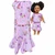 Dress with black doll Matching girl and doll chiffon floral skirt and blouse set in size 14½, featuring lavender fabric with pink roses, purple flowers, and green leaves. Coordinating puff-sleeve blouses and ruffled skirts displayed with a matching doll outfit. Handmade by Doll Clothes Superstore.