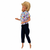 Side view Handmade floral shirt and navy pants outfit for 11.5-inch fashion dolls like Barbie. Features a colorful short-sleeve collared shirt with blue, pink, yellow, and purple flowers and decorative buttons, paired with dark navy pants. Shown on a blonde fashion doll with matching clothing displayed separately. Doll Clothes Superstore.