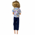 Back view Handmade floral shirt and navy pants outfit for 11.5-inch fashion dolls like Barbie. Features a colorful short-sleeve collared shirt with blue, pink, yellow, and purple flowers and decorative buttons, paired with dark navy pants. Shown on a blonde fashion doll with matching clothing displayed separately. Doll Clothes Superstore.