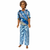 Boy with Handmade matching fashion doll outfits featuring a blue geometric print sleeveless dress with a light blue waistband for Barbie and an coordinating blue patterned button-front shirt with shiny light blue pants for Ken and 12-inch male fashion dolls. Displayed on dolls with matching fabric details.