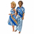Side view Handmade matching fashion doll outfits featuring a blue geometric print sleeveless dress with a light blue waistband for Barbie and an coordinating blue patterned button-front shirt with shiny light blue pants for Ken and 12-inch male fashion dolls. Displayed on dolls with matching fabric details.