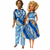 Front view Handmade matching fashion doll outfits featuring a blue geometric print sleeveless dress with a light blue waistband for Barbie and an coordinating blue patterned button-front shirt with shiny light blue pants for Ken and 12-inch male fashion dolls. Displayed on dolls with matching fabric details.
