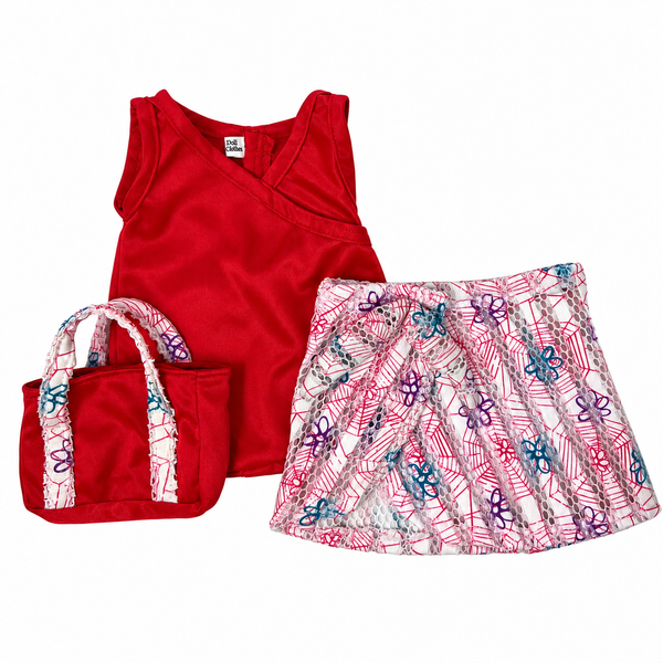 Flat view alt text please
Adorable 15–16 inch Cabbage Patch Kid doll wearing a red stretch bathing suit with a colorful floral print cover-up skirt and matching red beach bag. Cheerful Pinterest pin features a tropical beach scene with ocean waves, hibiscus flowers, seashells, and summer accessories. Shop Doll Clothes Superstore!