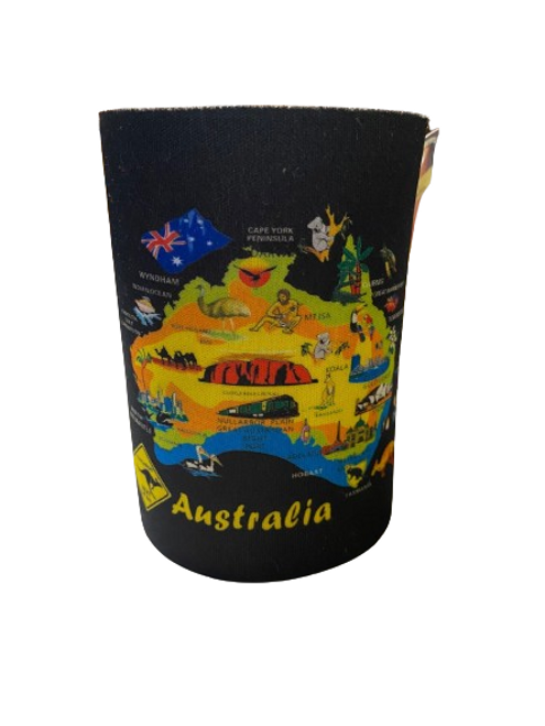 Neoprene Stubby Cooler - Black Australia Map