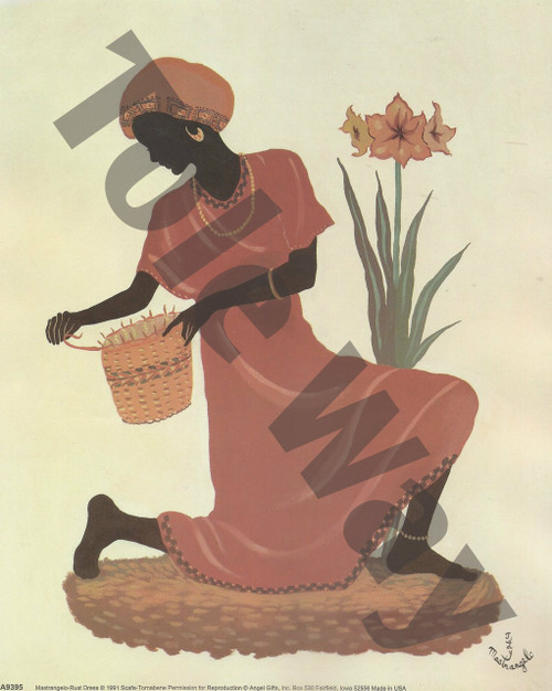 Woman kneeling making basket in rust dress (8x10)