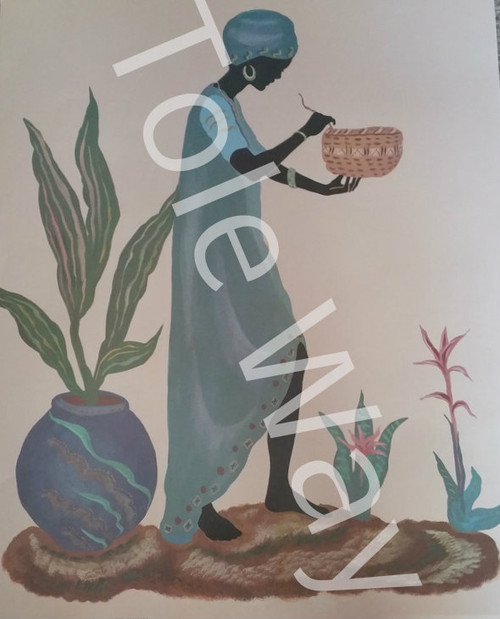 Woman making basket in blue dress (16x20)