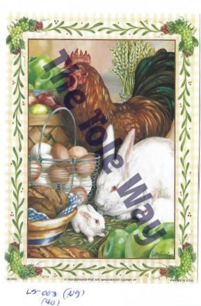 A rustic farm‑themed illustration featuring a rooster, two white rabbits, and a collection of fresh eggs and vegetables, all framed by a floral border. Rooster and Bunny with eggs.