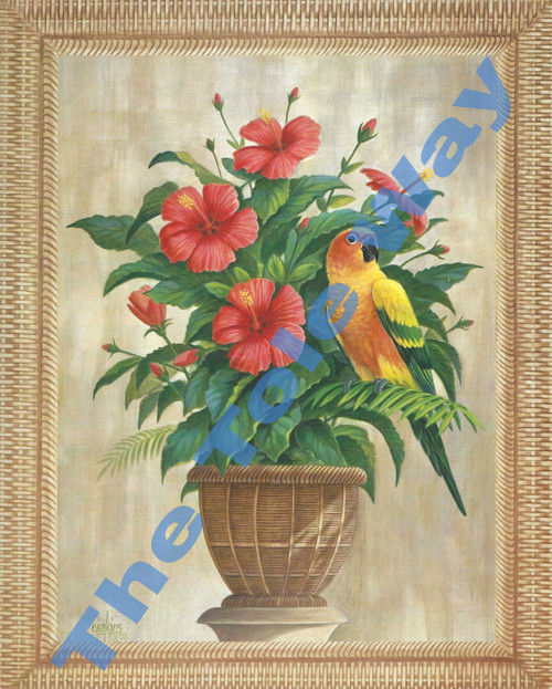 Yellow Parrot in Hibiscus (8x10)