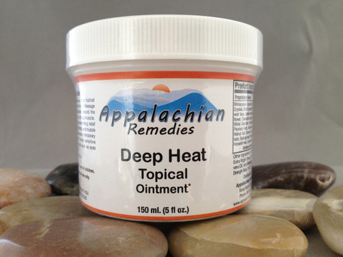 Suggested Use:
Apply generously as a topical ointment onto the skin. Massage on and immediately around the area of sore, aching muscle. Provides deep penetrating relief of stiff joints, tendons, and muscle pain due to overuse or temporary inflammation.* Avoid sensitive areas of the body such as eyes and genitals.
Made in the U.S.A.
Keep out of reach of children.
For external use only.
Deep Heat
Topical
Ointment*
150 ml. (5 fl oz.)
Distributed by
Appalachian Remedies
Boca Raton, FL 33431
Phone: 561-368-0900
www.appalachianremedies.com
Product Information
Other ingredients: In a base of Extra Virgin Olive Oil, Pure Aloe vera Oil, and Beeswax. Herb Strength Ratio: 1:4.0
Proprietary Blend
Wintergreen Essential Oil, Menthol Crystals, Birch Essential Oil,St. John’s wort tops, Lobelia herb/seed, Arnica flower, Calendula flower, Ginger root, White Oak bark, Marshmallow root, Plantain herb, Mullein herb, Black Walnut hull, Gravel root, Wormwood herb, Skullcap herb, White Willow bark, Horsetail herb, Cayenne Pepper fruit.
Contains: Tree Nuts
Batch # 07-0717-024
Best By: 07/2020