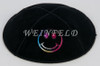 Genuine Suede Yarmulke - Metallic Embossed - Colored Metalic Smiley Face On One Panel