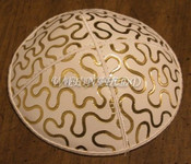 Genuine Suede Yarmulkas - White Metallic Embossed - Gold Metalic Puzzle on White