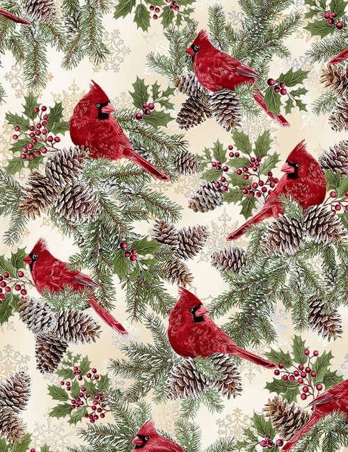 Cotton Print Yarmulkes Cardinals on Holly - CREAM Cotton Print Yarmulkes Cardinals on Holly - CREAM