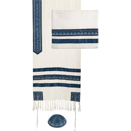 Yair Emanuel Embroidered Stripes Tallit - White / Blue - TAD1B Yair Emanuel Embroidered Stripes Tallit - White / Blue - TAD1B