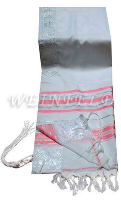 Faux Wool Tallit - Pink And Silver Stripes Faux Wool Tallit - Pink And Silver Stripes