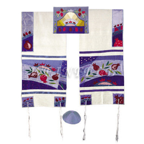 Embroidered Raw Silk Tallit - Pomegranates in blue Embroidered Raw Silk Tallit - Pomegranates in blue