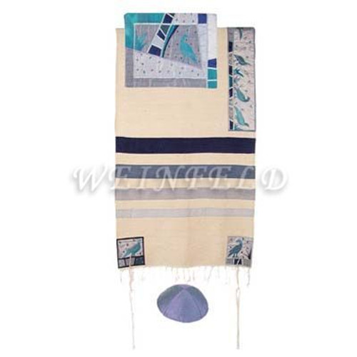 Raw Silk Appliqued Tallit - Birds Raw Silk Appliqued Tallit - Birds