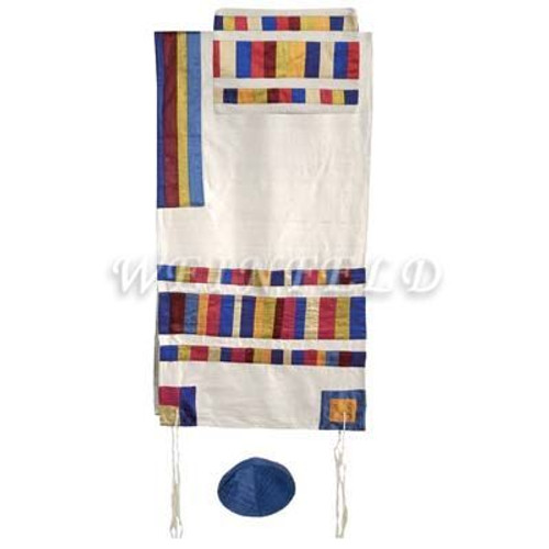 Raw Silk Appliqued Stripes Tallit - Multicolor Raw Silk Appliqued Stripes Tallit - Multicolor