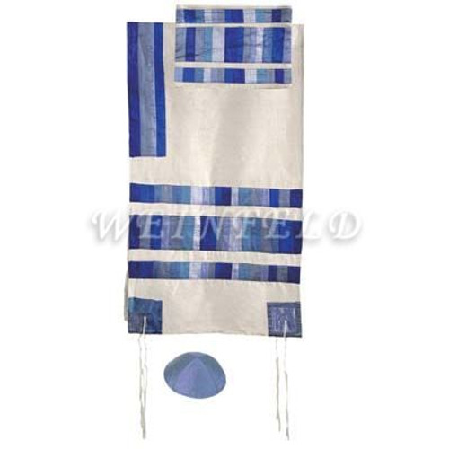 Raw Silk Appliqued Stripes Tallit - Blue Raw Silk Appliqued Stripes Tallit - Blue