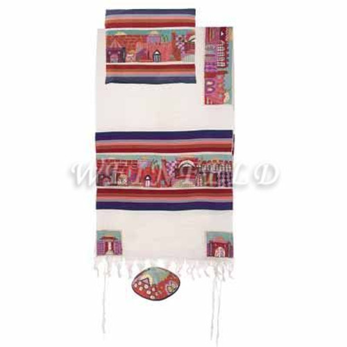 Embroidered Cotton Tallit - Jerusalem In Color - TFE-1 Embroidered Cotton Tallit - Jerusalem In Color - TFE-1