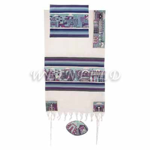 Embroidered Cotton Tallit - Jerusalem In Blue - TFE - 3 Embroidered Cotton Tallit - Jerusalem In Blue - TFE - 3