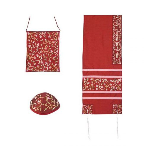 Embroidered Raw Silk Women Tallit - Tallisack - Flowers Maroon Embroidered Raw Silk Women Tallit - Tallisack - Flowers Maroon