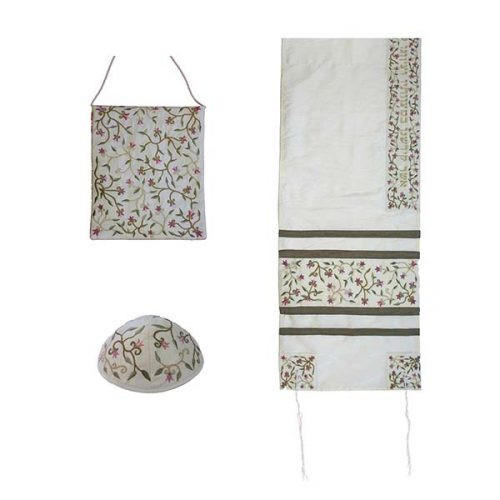 Embroidered Raw Silk Women Tallit - Tallisack - Flowers White Embroidered Raw Silk Women Tallit - Tallisack - Flowers White