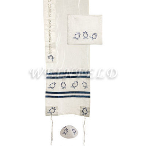 Embroidered Raw Silk Tallit - Pomegranates Blue Embroidered Raw Silk Tallit - Pomegranates Blue