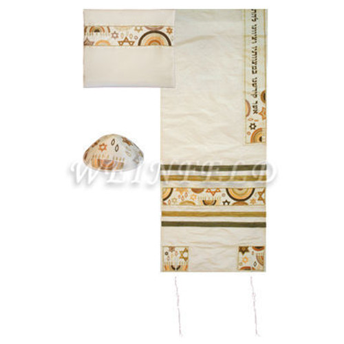 Embroidered Raw Silk Tallit - David Star Rainbow - Gold Embroidered Raw Silk Tallit - David Star Rainbow - Gold