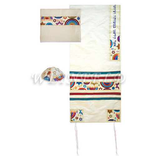 Embroidered Raw Silk Tallit - David Star Rainbow - Multicolor Embroidered Raw Silk Tallit - David Star Rainbow - Multicolor