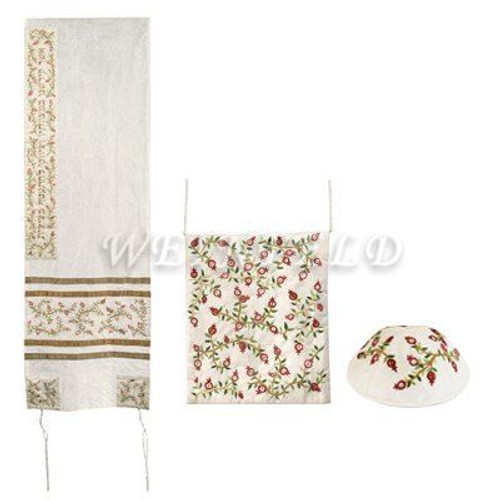 Embroidered Raw Silk Women Tallit - Pomegranates Dark Embroidered Raw Silk Women Tallit - Pomegranates Dark