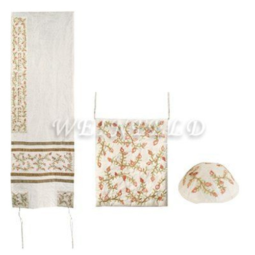 Embroidered Raw Silk Women Tallit - Pomegranates Gold Embroidered Raw Silk Women Tallit - Pomegranates Gold